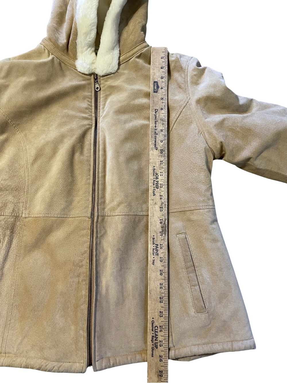 STEPHANIE ANDREWS Women's L Tan Suede Leather Hooded Faux Fur Shearling Jacket - Picture 13 of 15